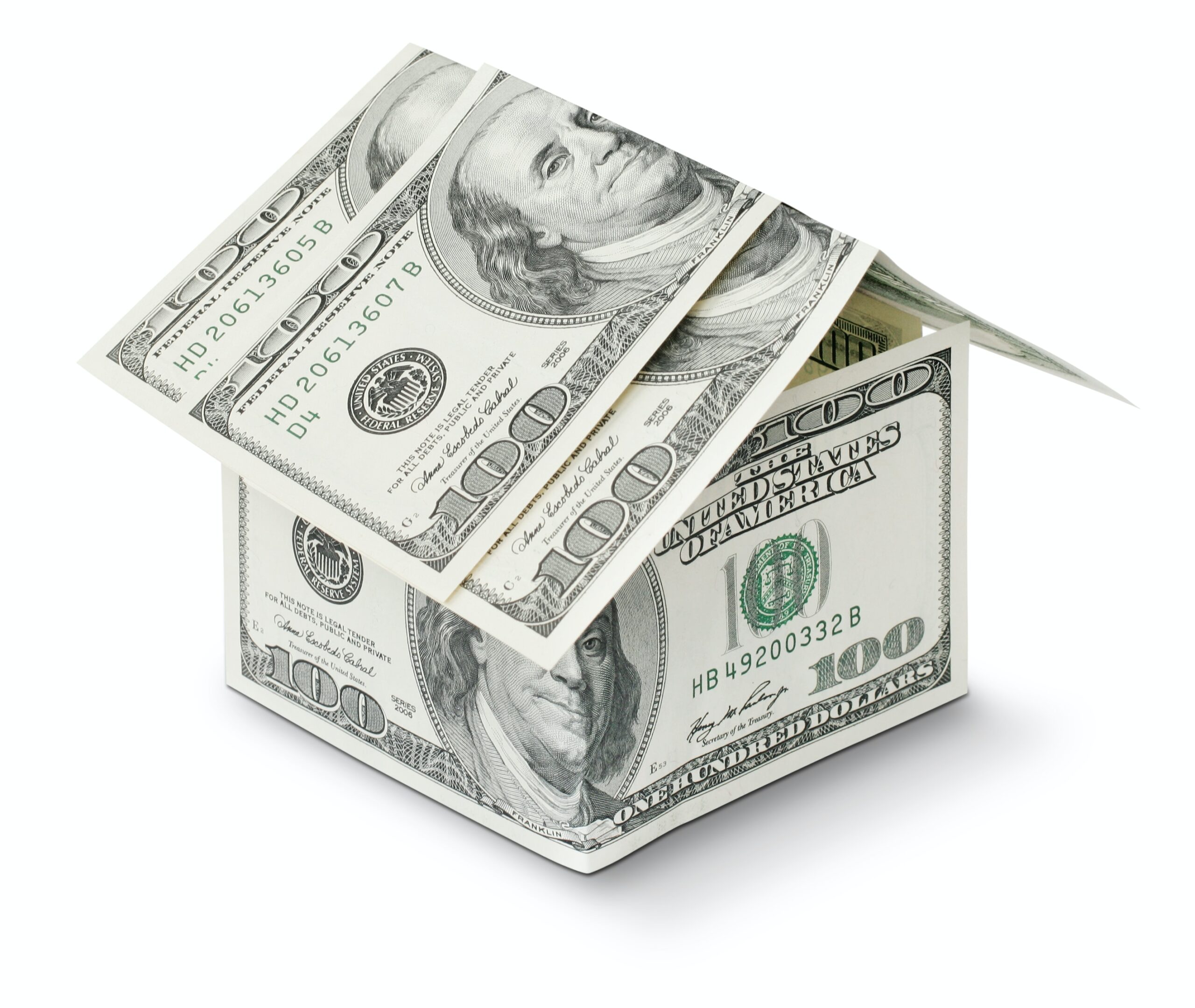 100 dollar bills shaped as a house